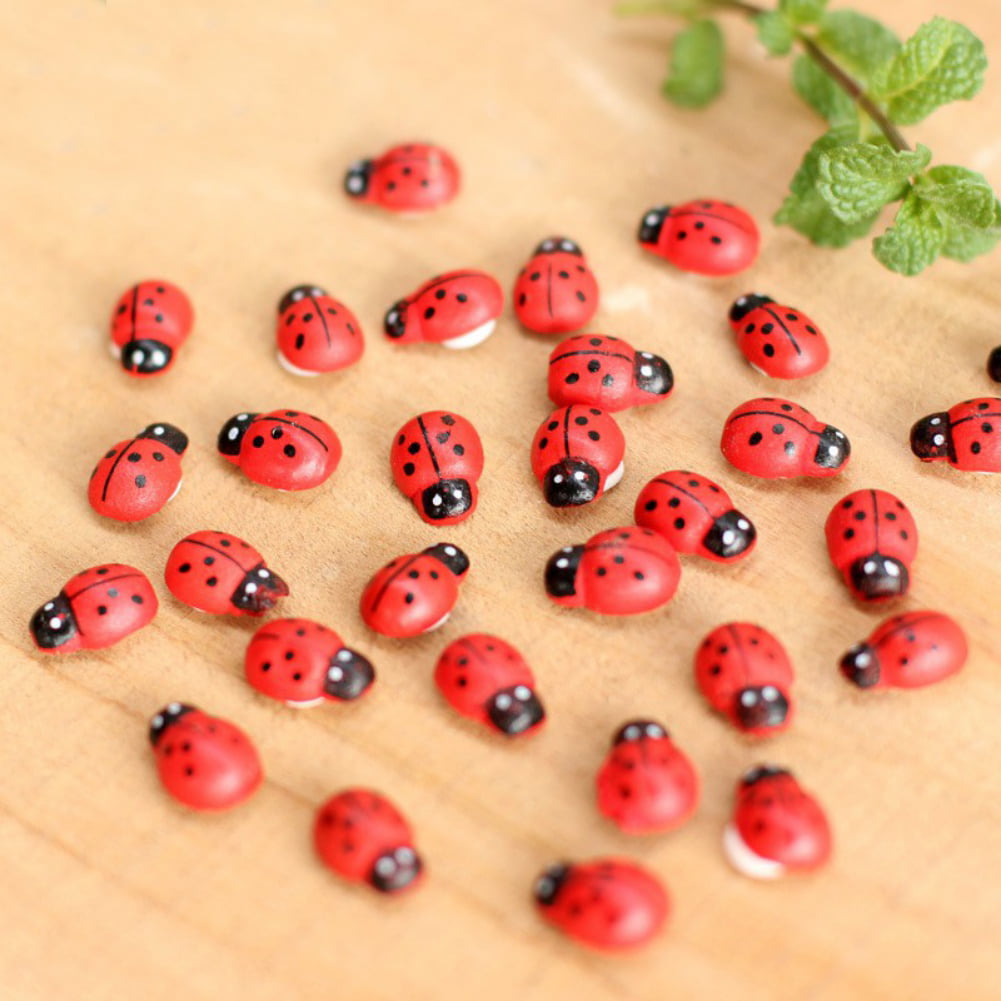 100 Packs Mini Wooden Home Decor Kids Toys 3D Ladybird Ladybug Wall Stickers