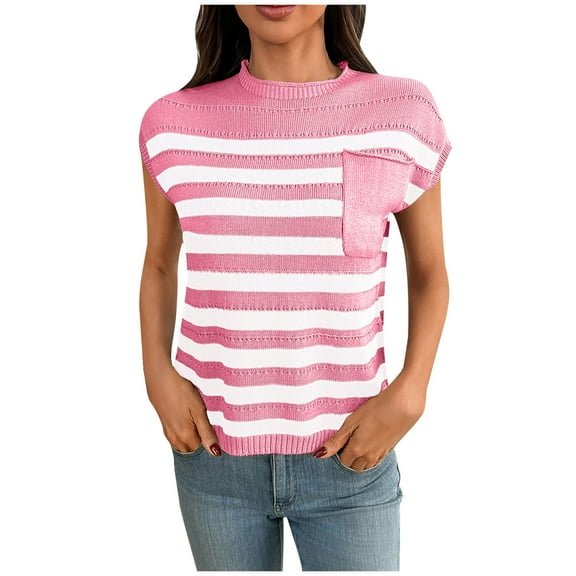 HAiming Women's Striped Knit Cotton Blouse Short Sleeve Crew Neck Sweater Tops Casual Loose T Shirts