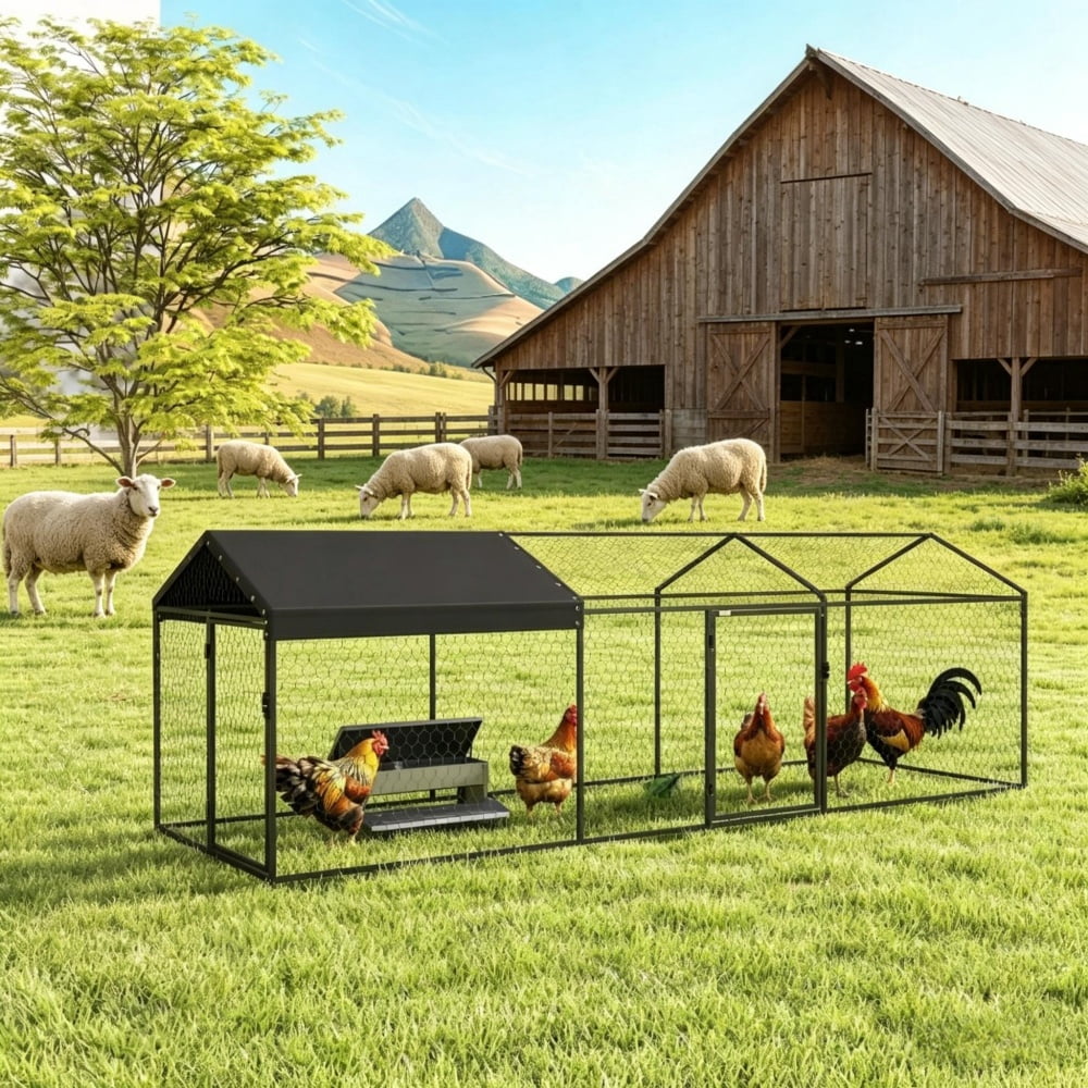 Large Outdoor Chicken Run Coop, UV Waterproof Oxford Cover Rustproof Steel Frame Predator Proof Wire Mesh Rabbit Duck Pet Playpen With Lockable Dual Doors