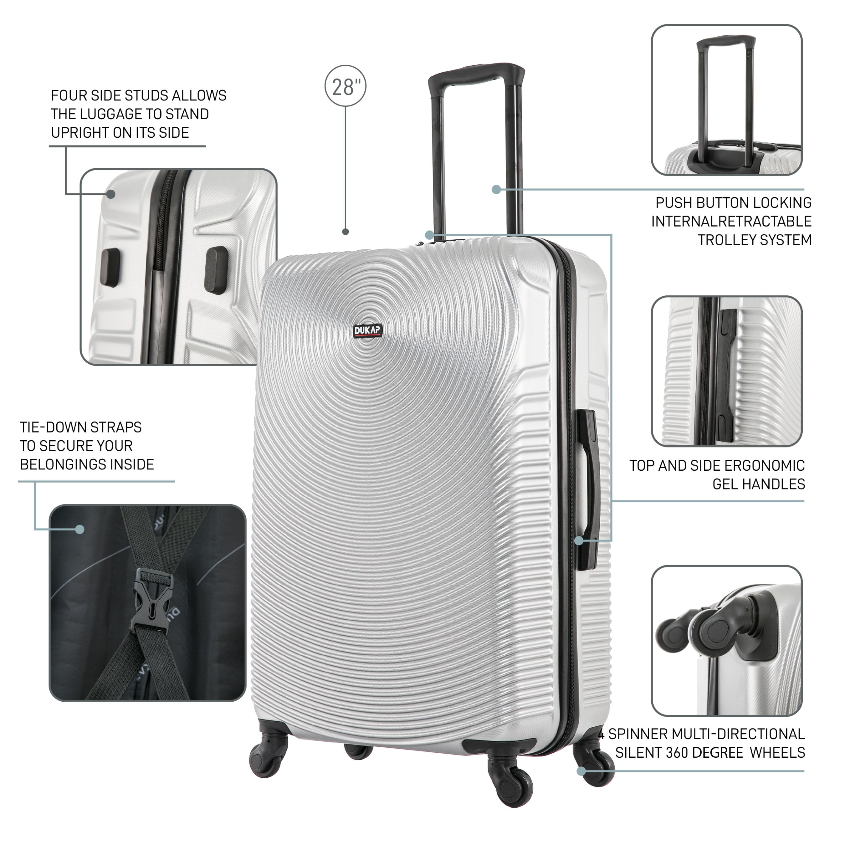 DUKAP Inception 3-Piece Hardside Luggage Sets with Spinner Wheels, Handle and Trolley, (20"/24"/28"), Silver