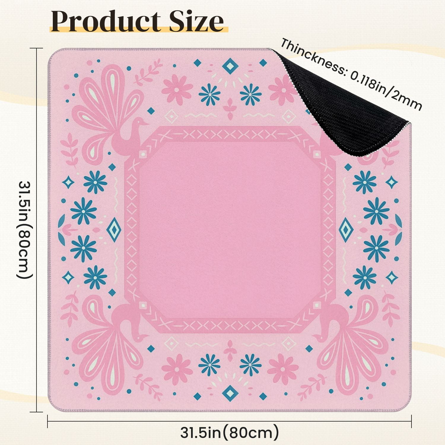 Mahjong Mat 31.5" x 31.5" Pink Peacock Floral Geometric Shapes Decorative Elements Anti-Slip and Noise Reduction Symmetry Design Mahjong Tiles Table Cover for Dominoes Poker Card Board and Tile Games