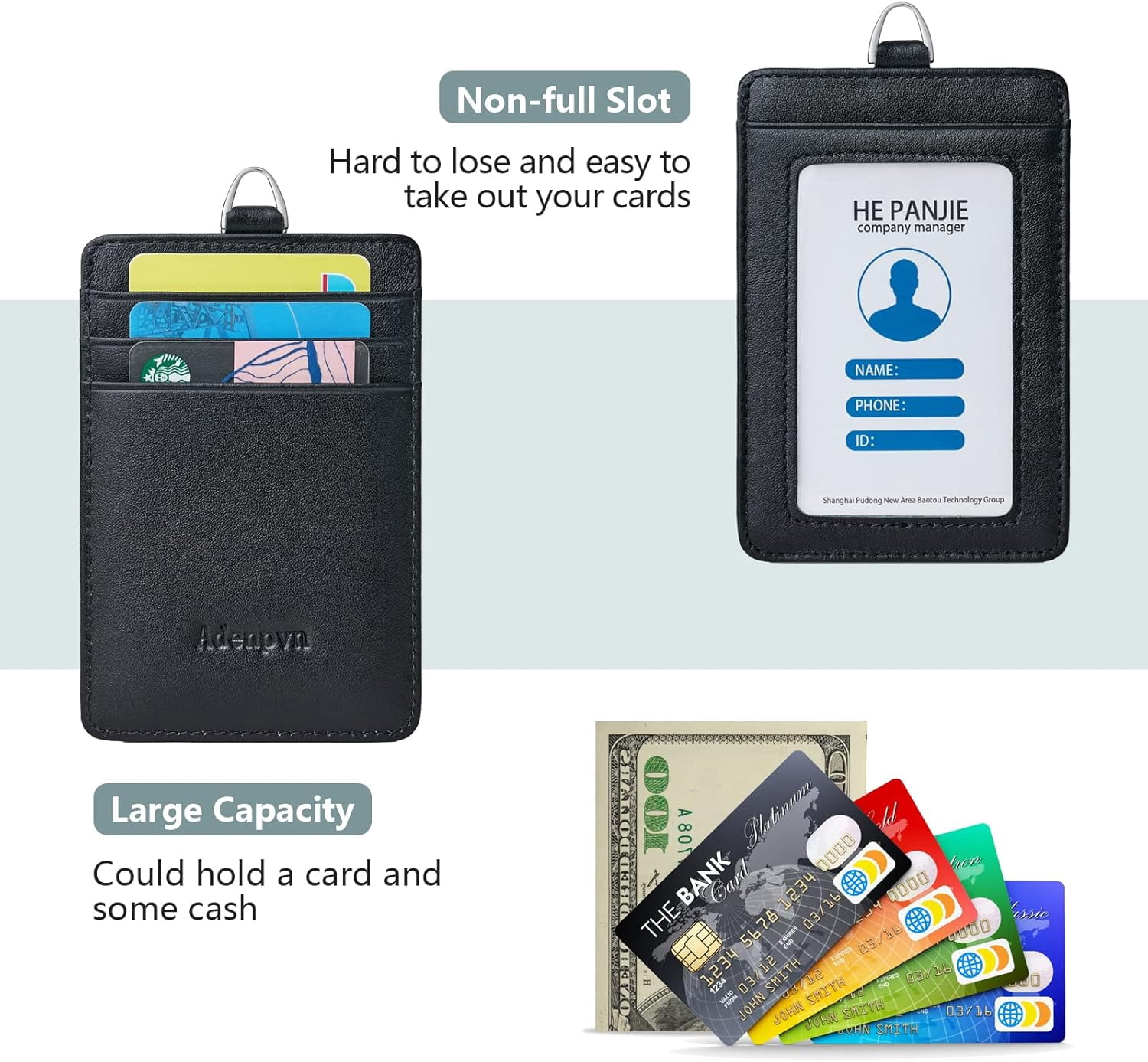 Genuine leather id badge holder with lanyard,soft leather ID Card Holder,Up to 20 colors and leather grains to choose,frommultiple card slots,vertical work name badge case