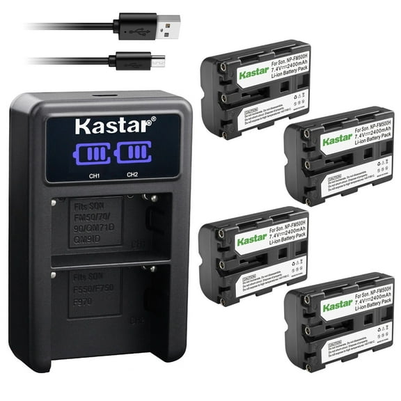 Kastar 4-Pack NP-FM500H Battery and LED2 USB Charger Compatible with Sony SLT-A77V, SLT-A77VB, SLT-A77VK, SLT-A77VM, SLT-A77VQ, Alpha α77II, a77 II, SLT-A77 II, a77II, a77V, ILCA-77M2 Camera