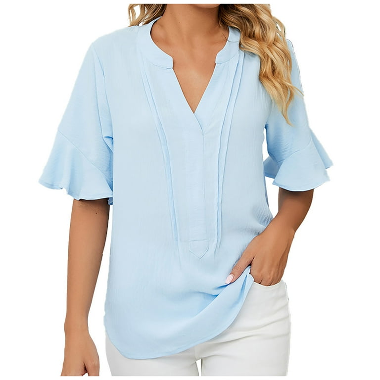 ZQGJB Ruffle Sleeve Tops for Women Casual V Neck Summer T-Shirts Trendy Solid Color Basic Shirt Female Cute Dressy Elegant Blouse Blue L - Walmart.com