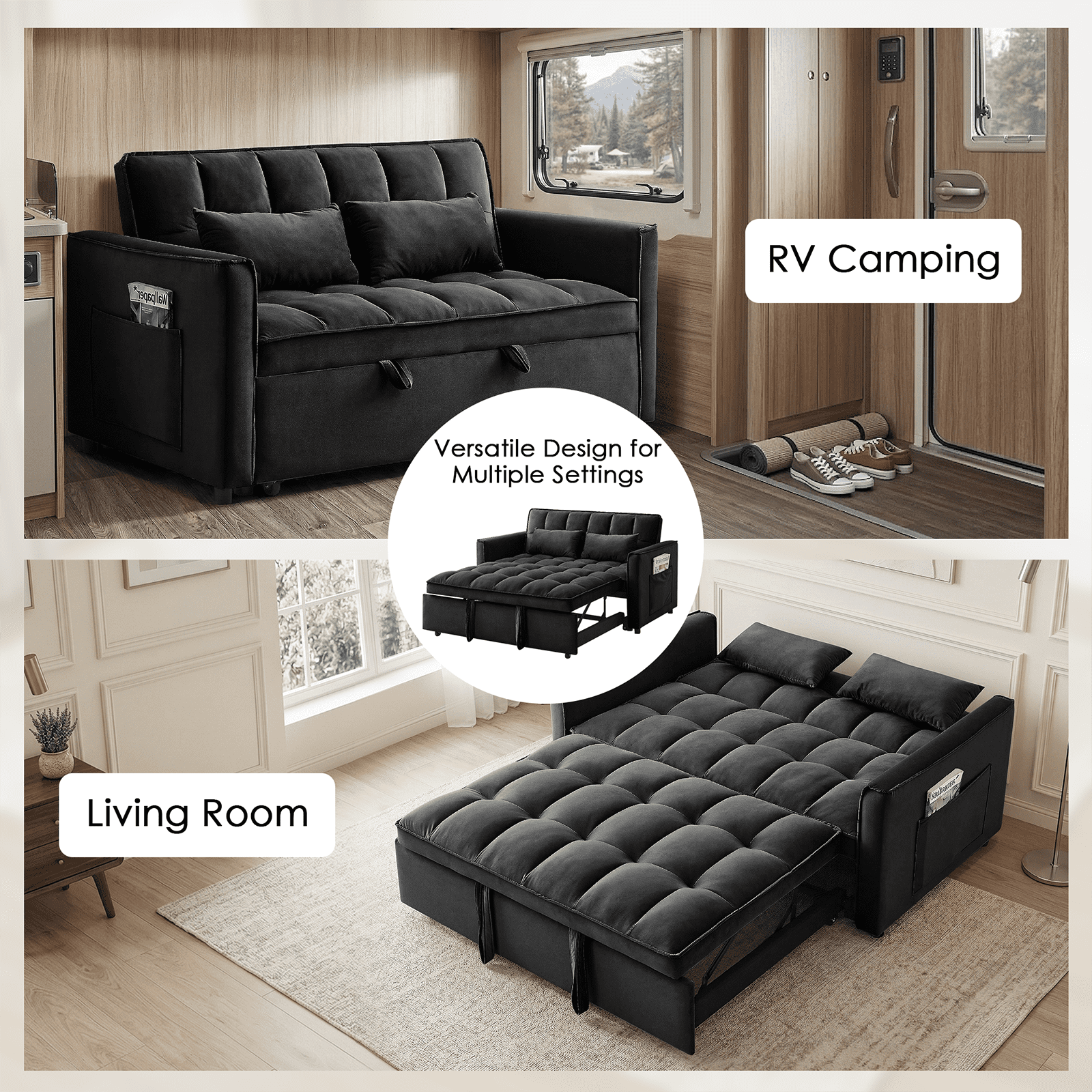 Amuille 3 in 1 Convertible Sleeper Sofa Bed, 54" Velvet Fabric Loveseat, Pull Out Couch for Living Room and Apartment (Black)