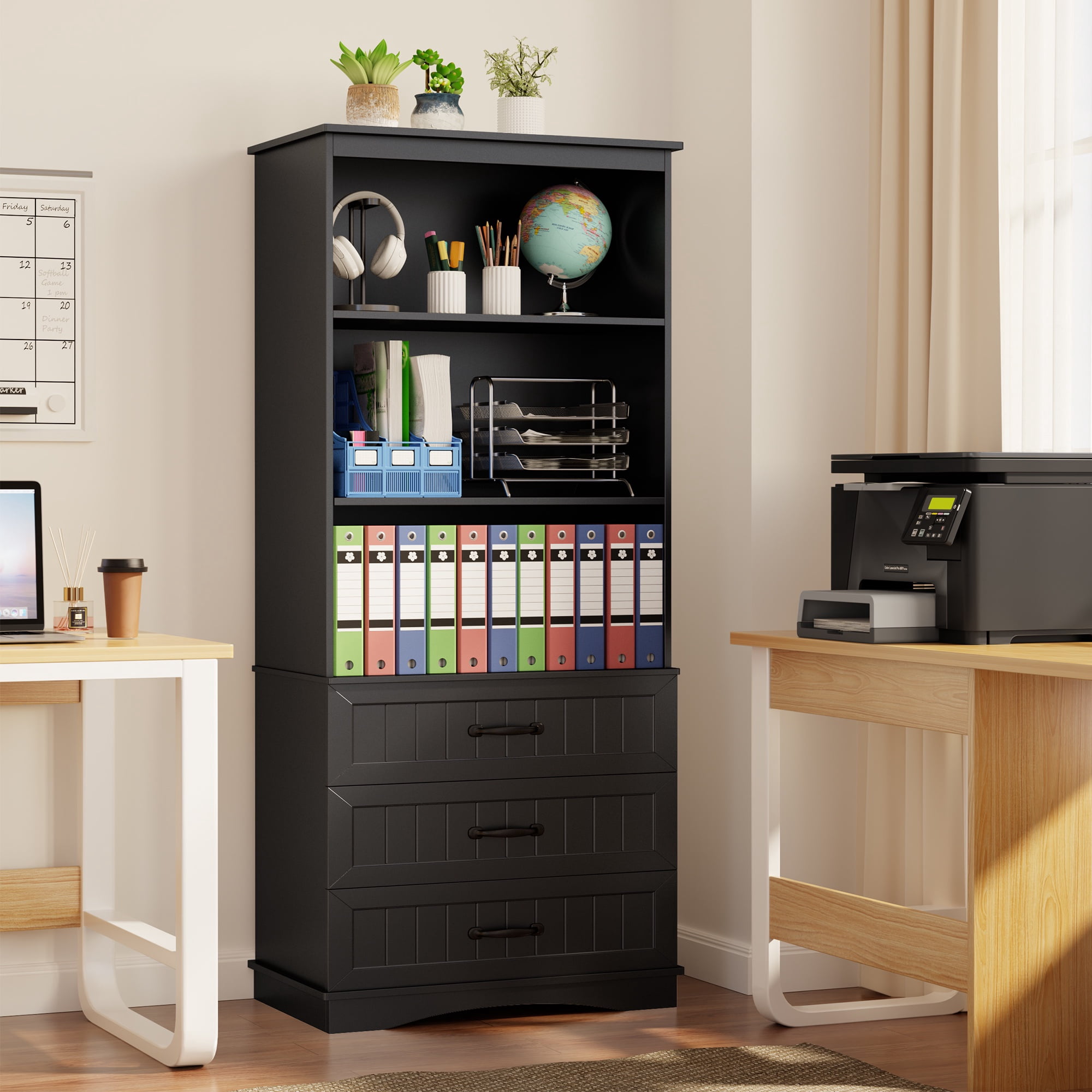 Asofer 69.7" Tall Bookcase with 3 Drawers - Multifunctional Storage Cabinet, Black