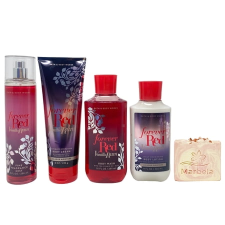 Bath & Body Works Forever Red Vanilla Rum Deluxe Gift Set – Fragrance Mist Body Cream Body Wash and Body Lotion – with a Himalayan Salts Springs Bar Soap – Full Size