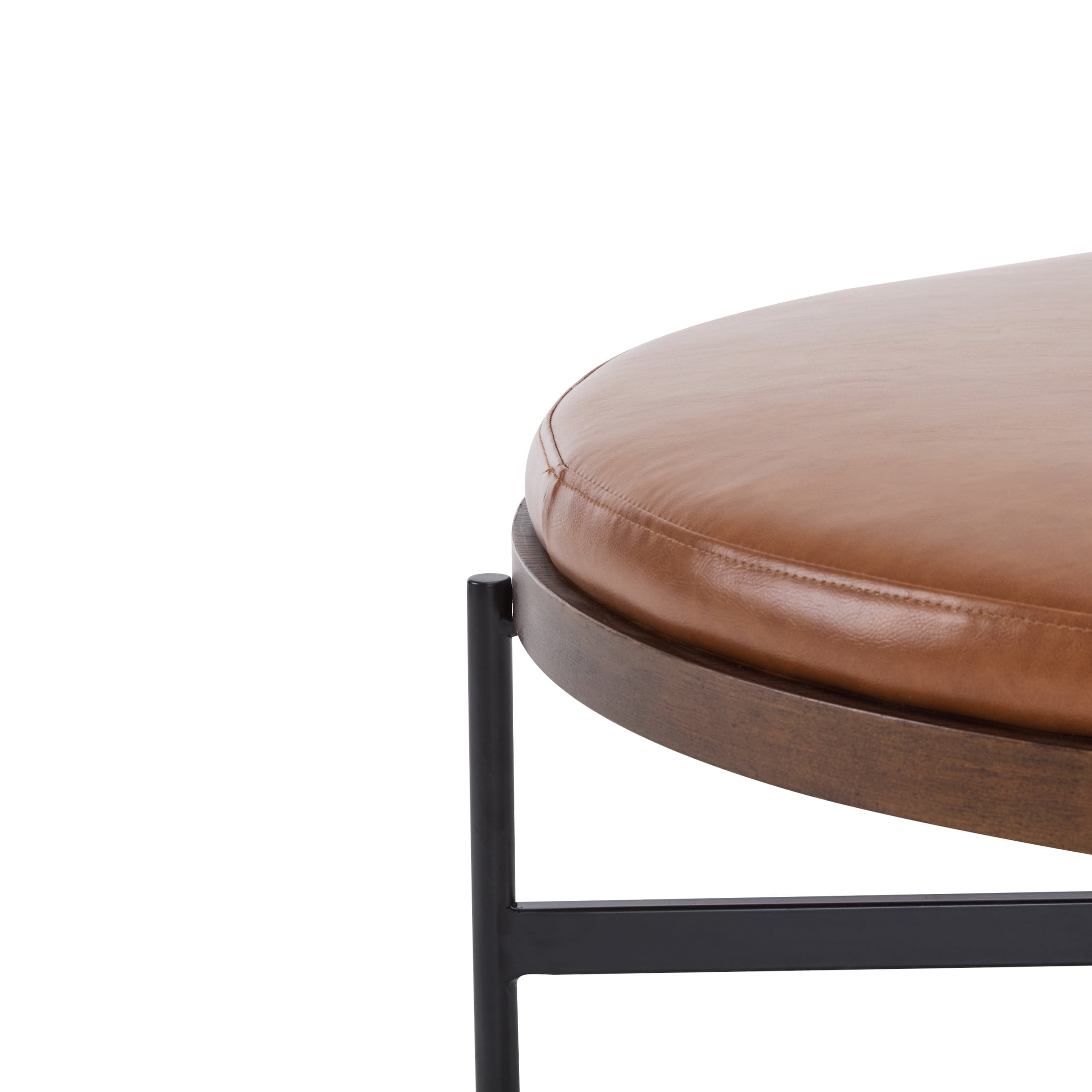Casual Home 36'' Modern Round Cocktail Ottoman with PU Upholstery and Metal Base, Brown and Black
