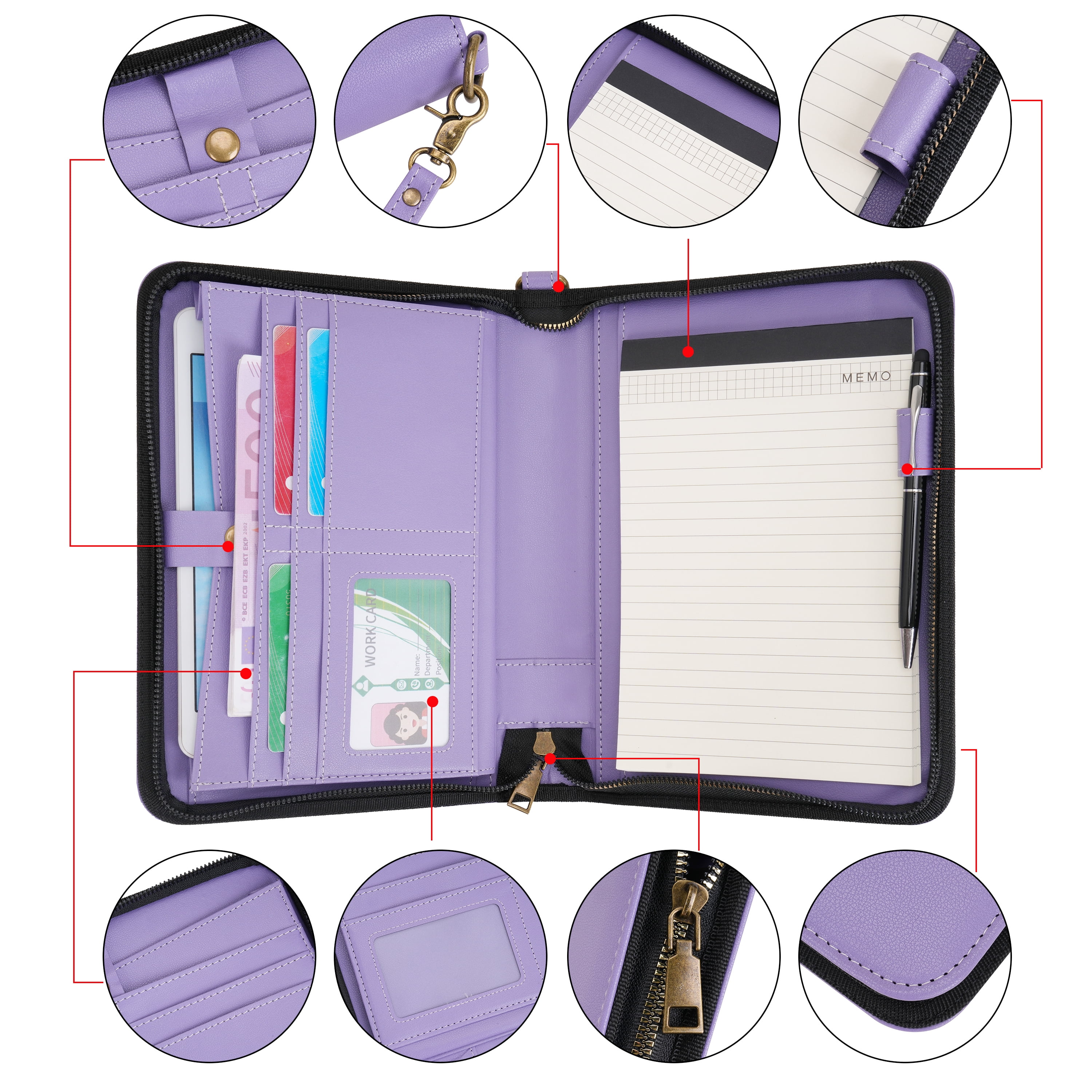 WASON Portfolio A5 Binder Journal with Zipper - Leather pu Writing Notebook Padfolio with Detachable Refillable Notebook, Legal Pad for Business Study and Travel Organizer (Purple)