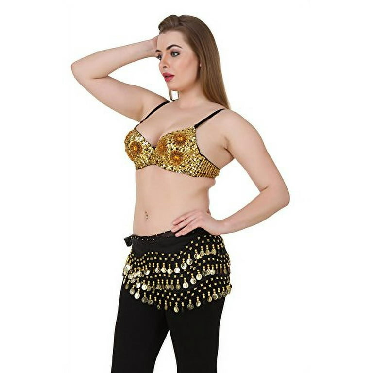 Hip Shakers Exotic Floral Embellished Sequin Belly Dance Bra Top, Gold, M/L