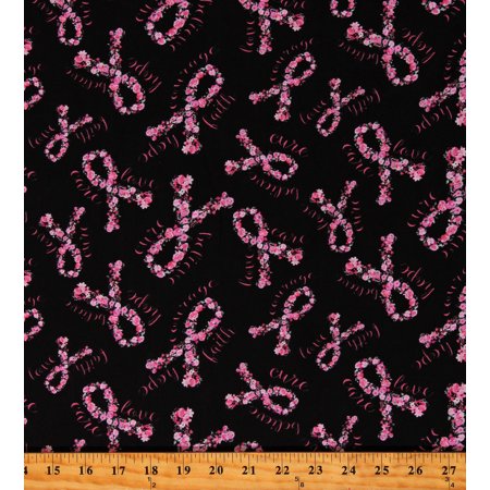 Cotton Breast Cancer Awareness Pink Ribbons Bows Words Caligraphy Love Courage Hope Black Cotton Fabric Print by the Yard (GAIL-CD2383-BLACK)