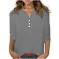 thumbnail image 3 of lcziwo Summer Cotton Linen Shirts for Grils 2025 Casual 3/4 Sleeve Tunic Shirt Solid Color Button V Neck Going Out Tops Gray Ofertas Del Dia de Hoy Relampago, 3 of 6
