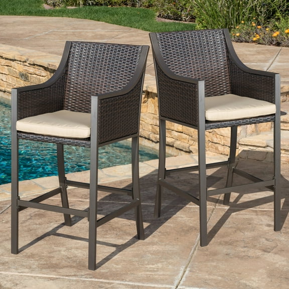 Patio Bar Stools with Cushion and Wicker Back, Iron and Aluminum Frame for Outdoor Bar Seating, Durable and Comfortable Bar Height Stools for Deck or Garden