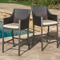 Patio Bar Stools with Cushion and Wicker Back, Iron and Aluminum Frame for Outdoor Bar Seating, Durable and Comfortable Bar Height Stools for Deck or Garden