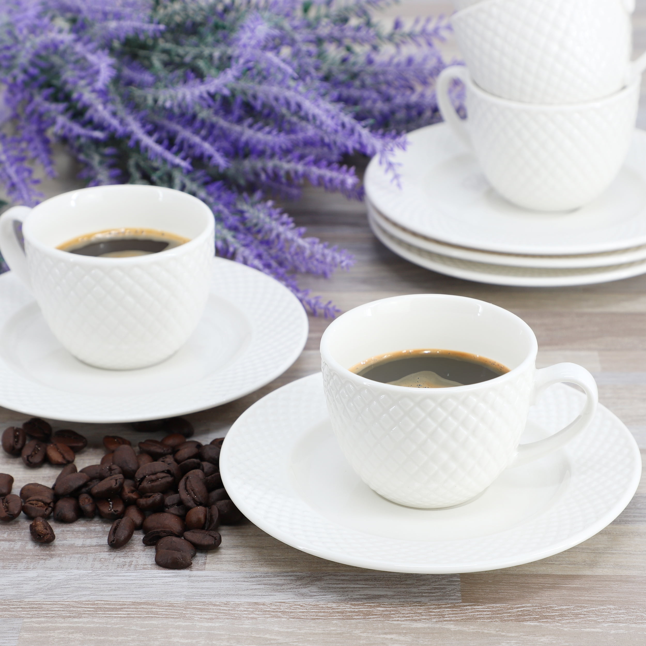 Elama Sol 12 Piece 3 Ounce Porcelain Espresso Cup with Saucer Set in White