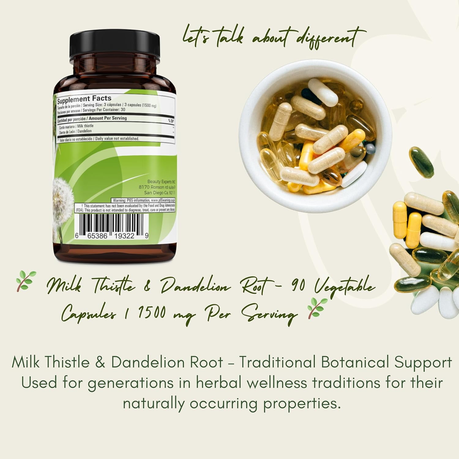 Cardo Mariano reforzado con diente Leon (Milk Thistle Reinforced with Milk Thistle) 90 Vegetable Capsule 1500 mg per Serving, Root Liver Health Support, Antioxidant Support, 100% Natural, Made in USA