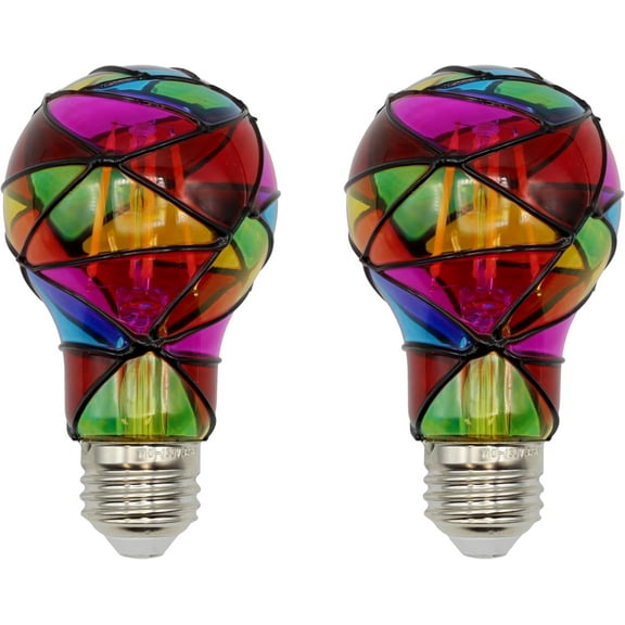 LED Stained Glass Bulb, A19 3.5W (25W Equivalent) Medium Base E26 Mosaic Decorative Light - 2 Pack