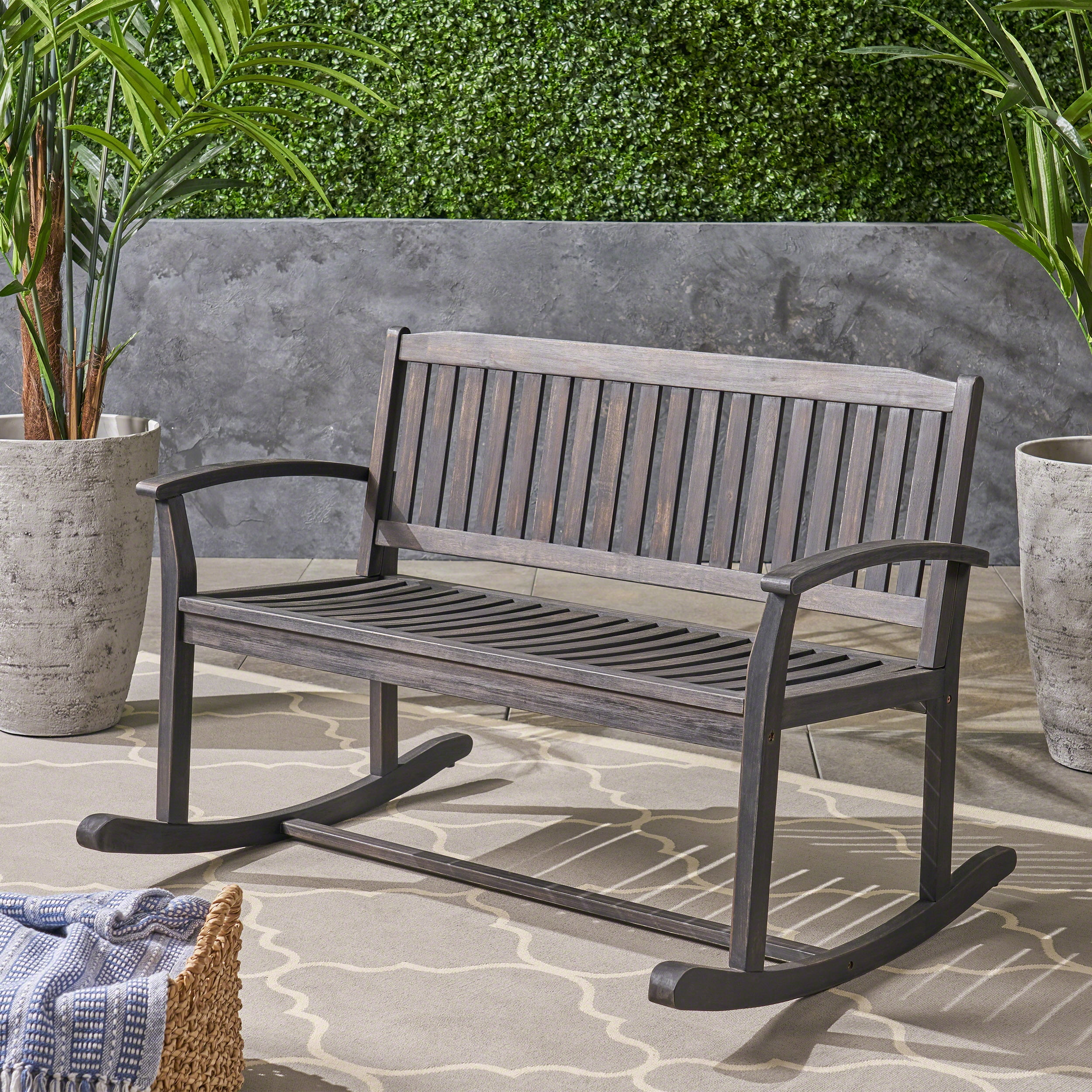 Outdoor Double Person Rocking Bench, Acacia Wood Frame Swing Loveseat for Patio Garden, Dark Gray