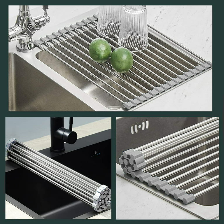 EMBATHER Roll Up Dish Drying Rack Over The Sink, Dish Drying Rack for  Kitchen Counter, Multipurpose Stainless Steel Foldable Kitchen Drainer Rack  with Silicone Mat, Anti-Slip,(Black, 20.8x18.1) - Yahoo Shopping