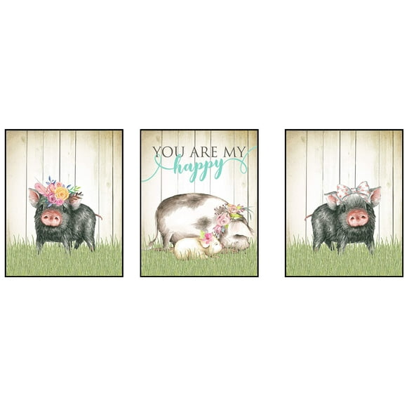 Silly Goose Gifts Hogs Pig Piggy Art Print Watercolor Design Wall Decor Set (You are My Happy)