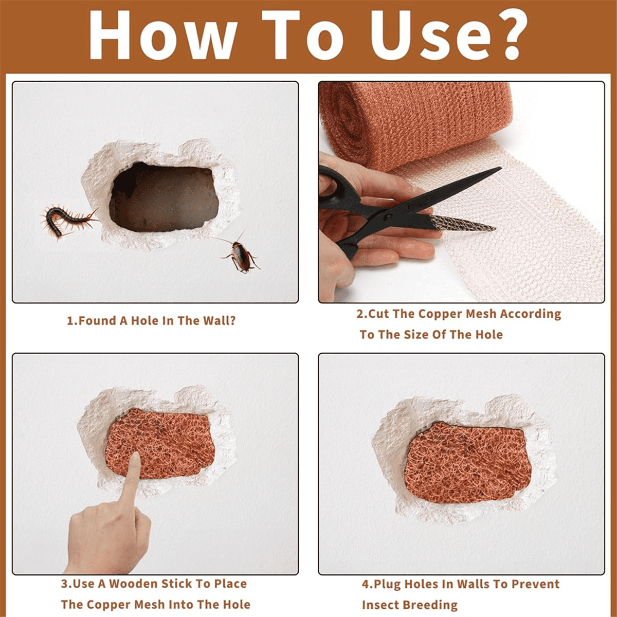 4-Piece Copper Mesh Rodent Control Kit 5 X 33inch Rust-Proof Copper Mesh Roll for Gardening Seals Water Openings