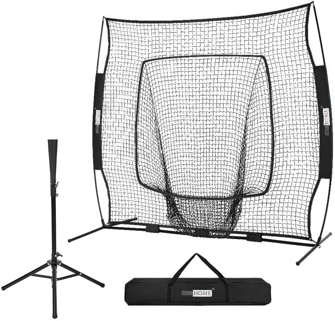 VIVOHOME 7x7Ft Baseball Backstop Softball Practice Net with Strike Zone  Target Tee and Carry Bag