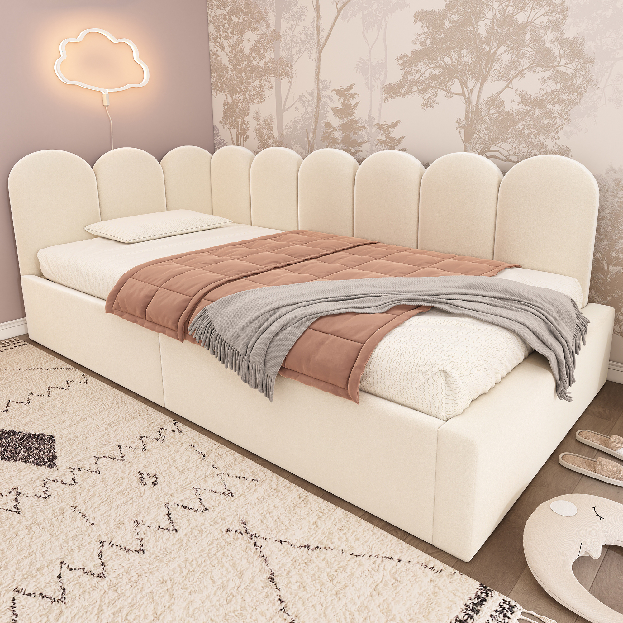 Euroco Upholstered Daybed with Hydraulic Storage, Twin Size Sofa Bed with Metal Slats, Beige