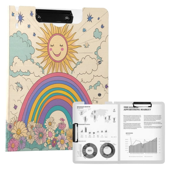 FORMRS A4 Clipboard Folder with Pen Holder Horizontal Foldable School Office Binder, Beige Rainbow