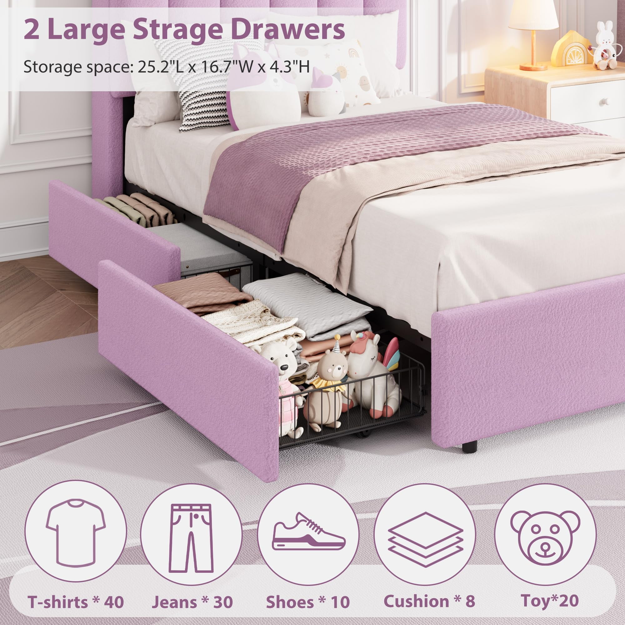 Bed Frame with 2 Storage Drawers, Upholstered Bed Frame Queen Size with LED Lights Headboard, No Box Spring Needed, Easy Assembly