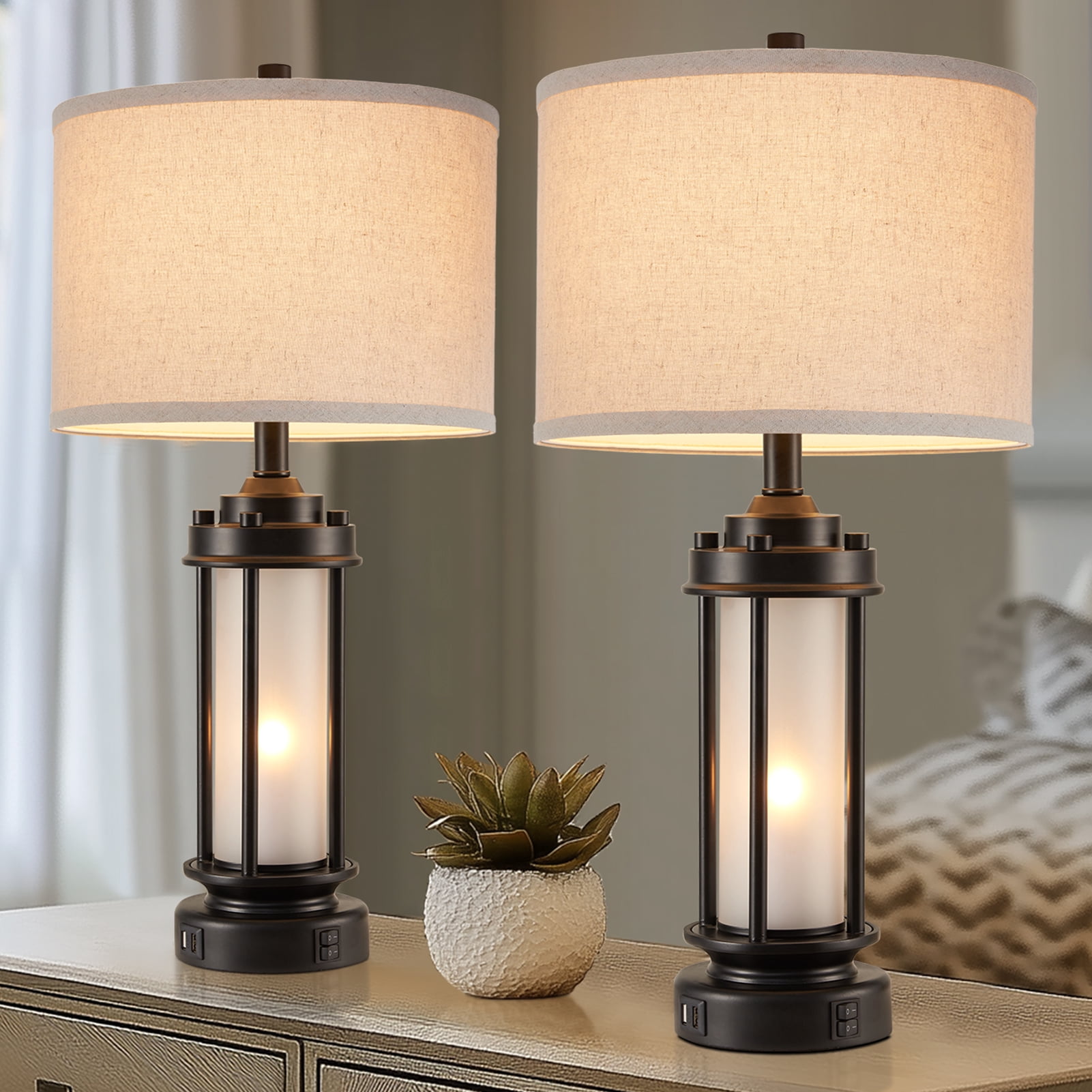 JUJUYUYOP 25" Rustic Living Room Farmhouse Table Lamp Set of 2, Featuring Dual USB Charging Ports and Night Light Function, Ideal for Living Rooms or Bedside Tables in Bedrooms (Bulb Included)