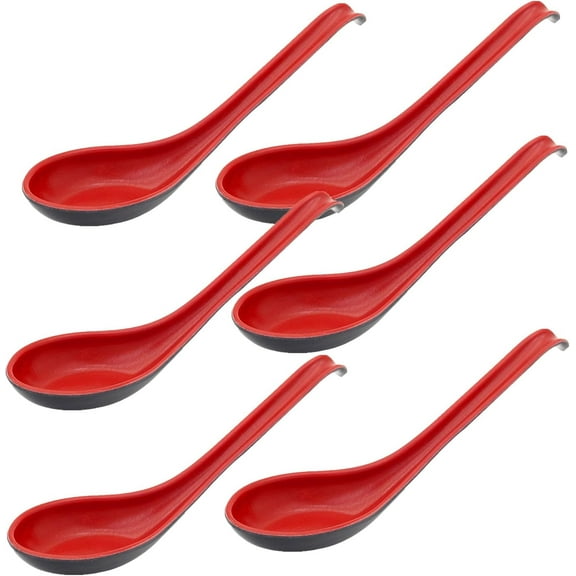 6Pcs Asian Soup Spoons Long Handle with Hook Red Black Chinses Soup Spoon Japanese Ramen Wonton Soba Rice Noodle Spoons