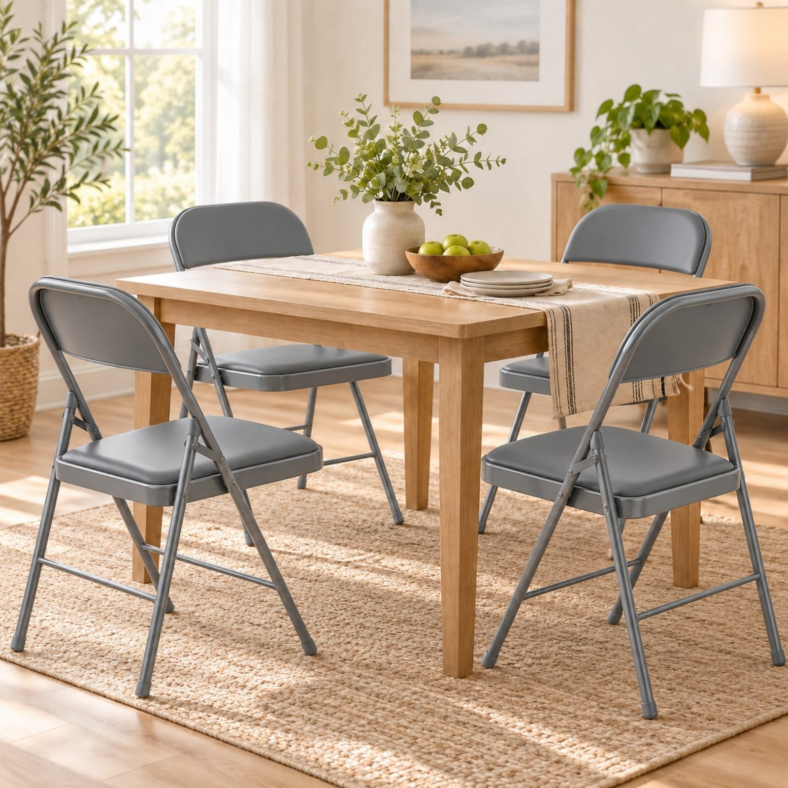 Telyra 4 Pack Folding Chairs Leather Padded Seat and Backrest Foldable Metal Chairs for Indoor Outdoor Use,Grey