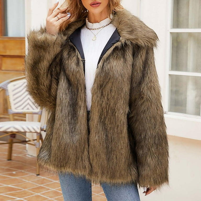 INSPIRE CHIC Lapel Faux Fur Coat For Women's Fuzzy Winter Warm Jacket Overcoat With Pockets