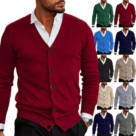 Zimjoy Mens Cardigan Sweaters Long Sleeve Button Down Cardigan Casual Slim Fit V Neck Knit Sweater Vintage Open Front Lightweight Trench Coat with Pocket, Wine L