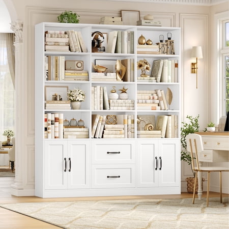 Hiphuta 71" Tall Triple Row 4-Tier Bookcase with 12 Open Cubes, 59" Wide Extra Large Display Bookshelf with 4 Doors and 2 Drawers, for Office Living Room, White