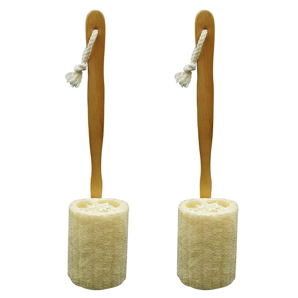 Zhuge Esponja exfoliante natural para la espalda, cepillo para fregar la espalda con mango largo de madera, soporte para palo, para ducha corporal, baño, spa, paquete de 2