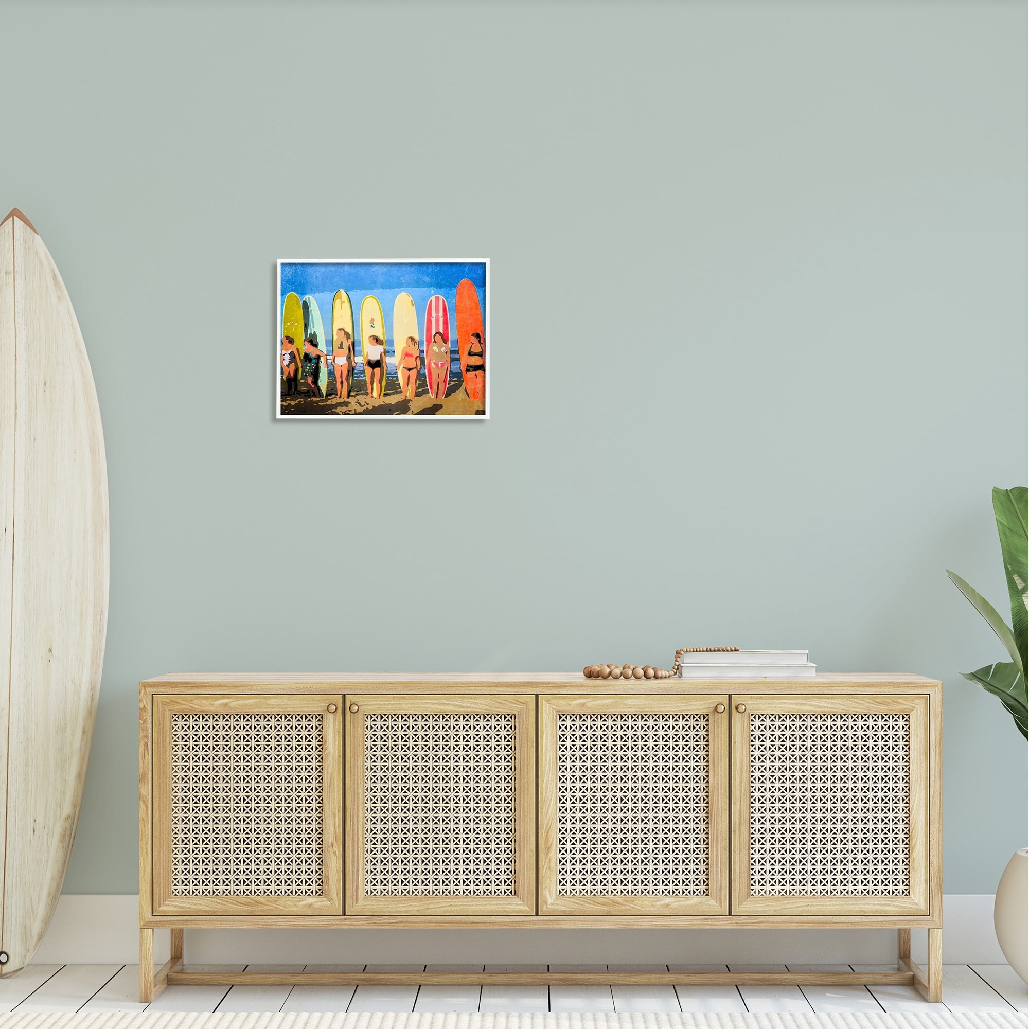 Stupell Industries Modern Pop Style Women Surfing Ocean Sports Graphic Art White Framed Art Print Wall Art, Design by Graffitee Studios