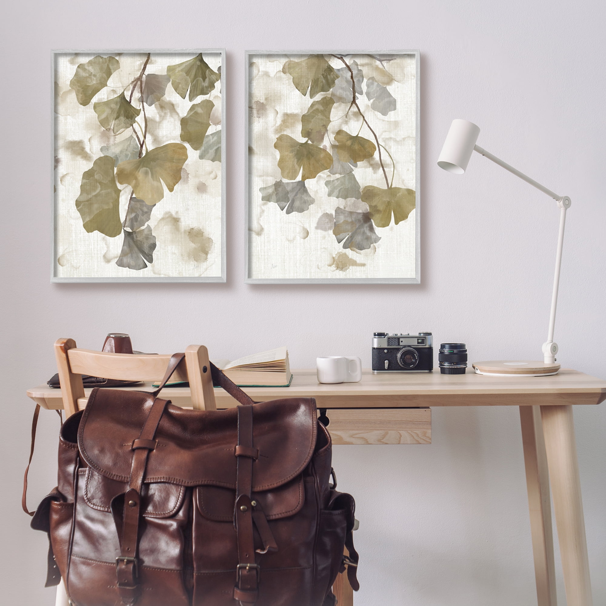 Stupell Industries Rustic Gingko Leaves Botanical & Floral Painting Gray Framed Art Print Wall Art, 24 x 30, Set of 2