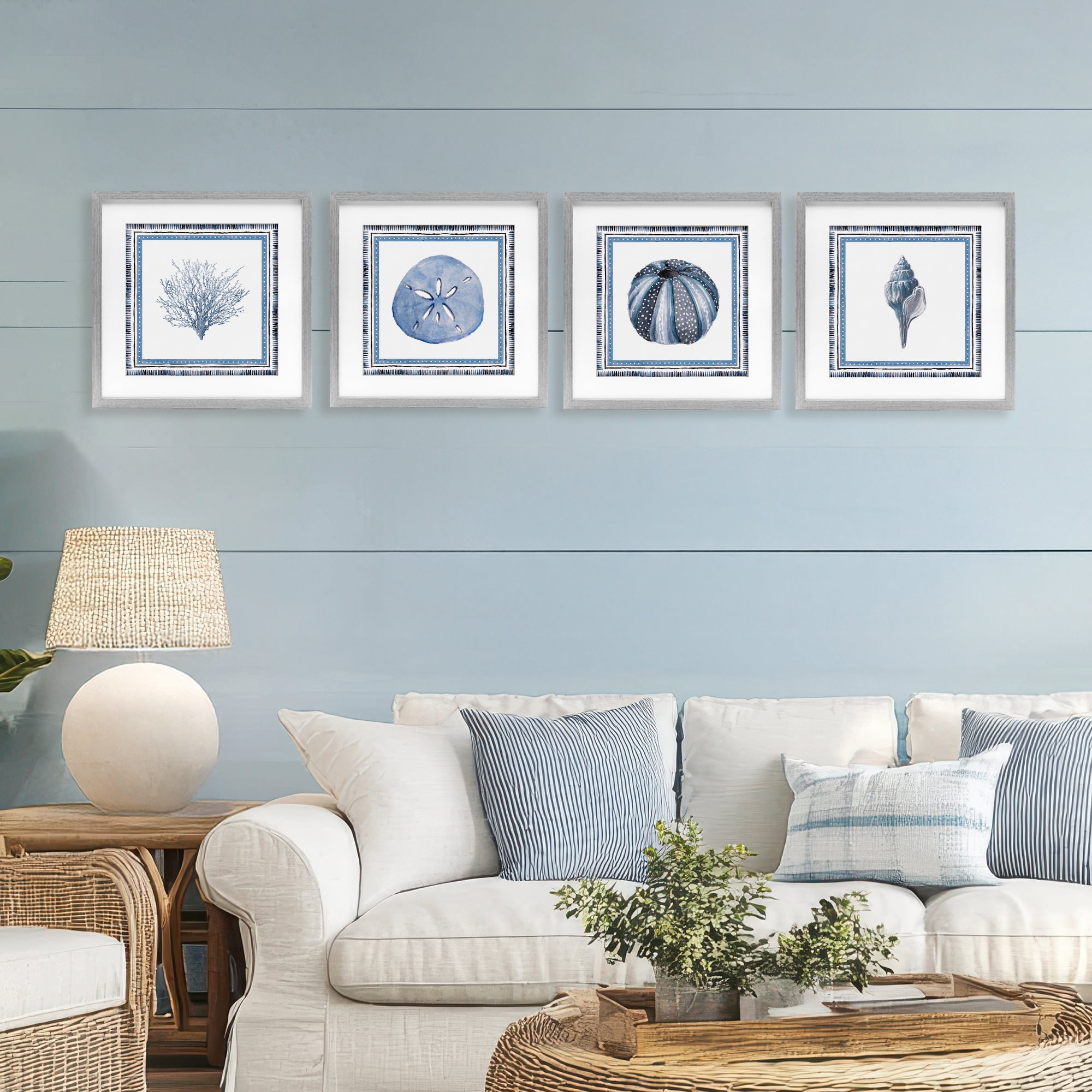 Stupell Industries Coastal Teal Bordered Coral 4 Piece Gray Framed Print Under Glass Set, design by Lanie Loreth