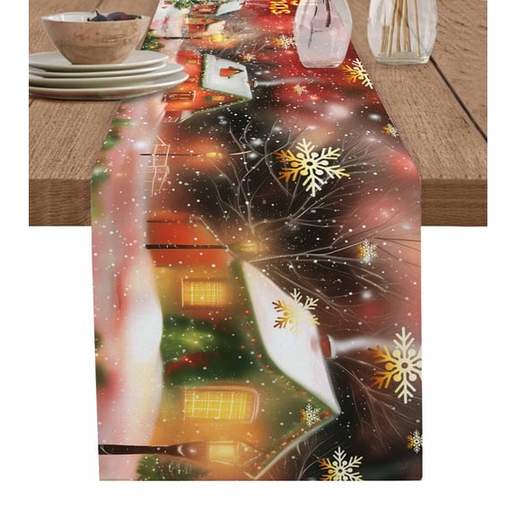 Red Green Christmas Table Runner 72 Inches, Winter Snowflakes Xmas Trees Village Bed Runner Dresser Scarves Tabletop for Indoor Outdoor Parties/Ceremony/Banquet, 13" x 72"