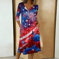 thumbnail image 2 of Women's Independence Day 250 Years Anniversary Patriotic Dress 3/4 Sleeve Button Neck Printed Midi Dress Loose Fit Soft Fabric Casual Comfortable Everyday Wear USA Flag Summer Dress Dark Blue L, 2 of 4