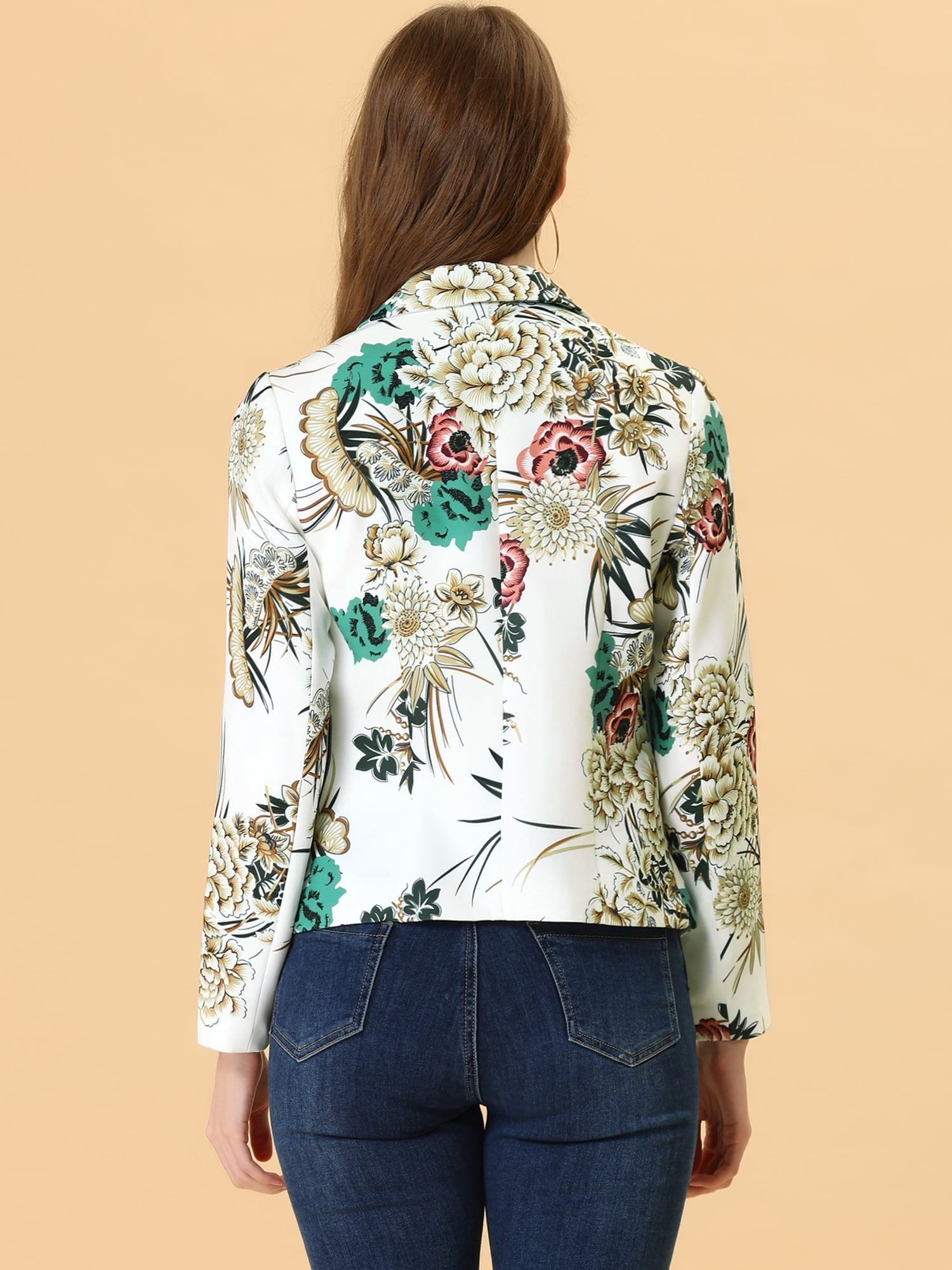 DARING DIVA Women's Elegant Notched Lapel Floral Print Blazer L White-Flower