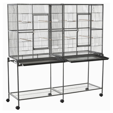 Bird Cage Rolling 65"L with Stand, Wood Perches & Food Containers - Large Parrot Cockatiel Finch Birdcage for Indoor Pet Birds