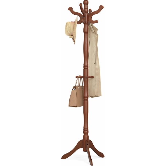PLERISE Solid Wood Freestanding Coat Rack with 11 Hooks, Hall Tree for Bags Purses Hats Entryway Hallway, Rubberwood Caramel Brown