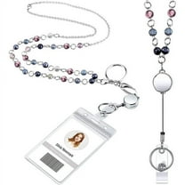 Retractable Badge Reel Lanyard with ID Holder for Women, Fashion Beaded Lanyard Stainless Steel Chain Necklace with Clear Waterproof Badge Card Holder (B)