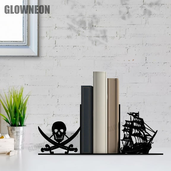 GLOWNEON Nautical Ship Metal Bookend, Black Metal Book Holders for Shelf or Desk Decor