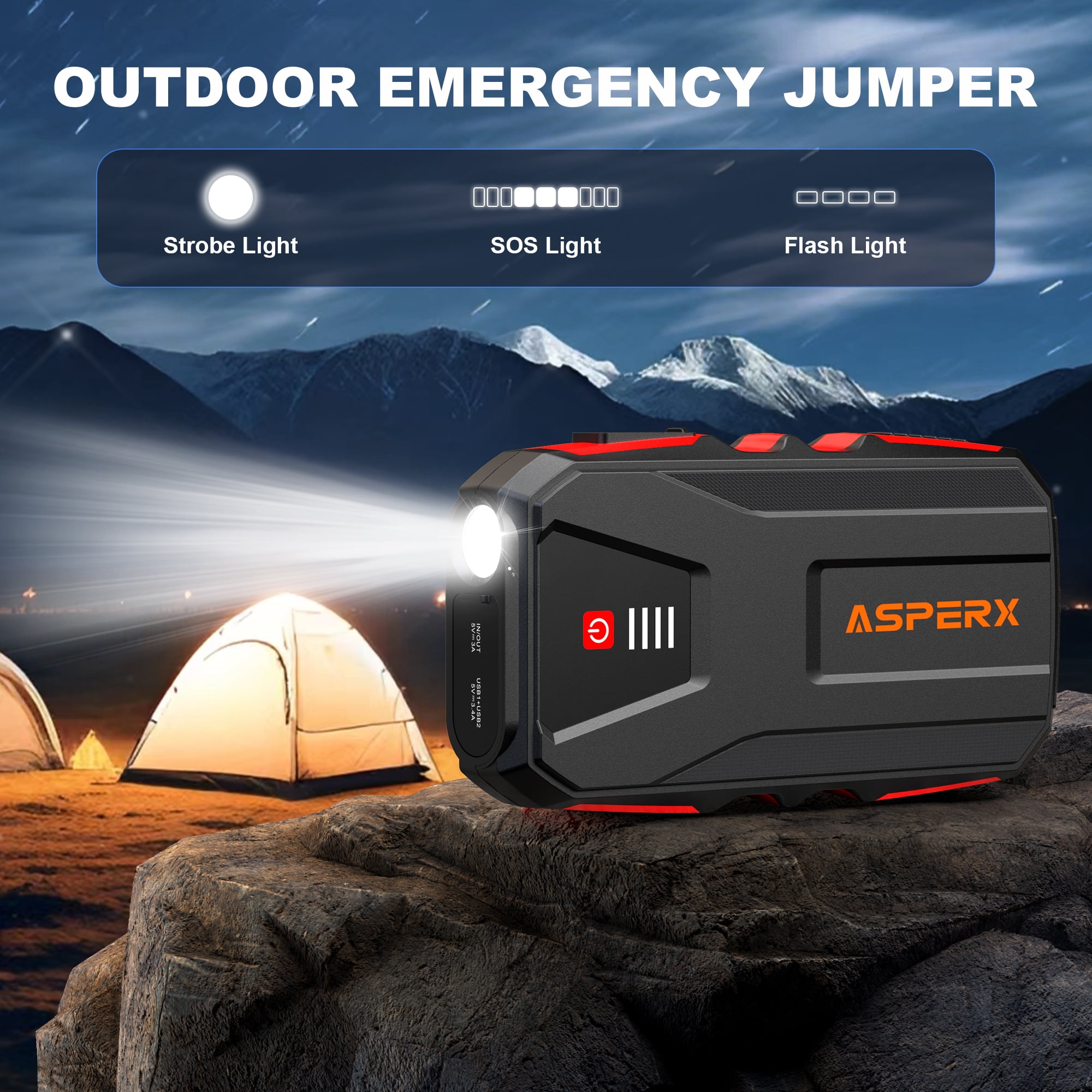 ASPERX 3000A Car Battery Jump Starter, 12V Jump Starter Battery Pack (up to 10.0L Gas or 8.0L Diesel), Portable Jump Box with Power Bank/Dual USB/LED Light