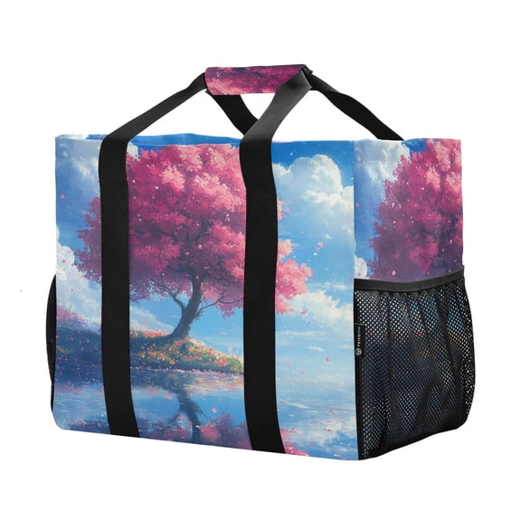 YAZAOO Mesh Beach Bags Totes Foldable Multiple Pockets Creatively Cherry Blossom Serenity Printed