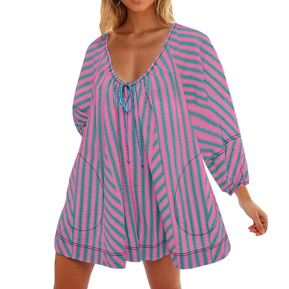 Fuwddey Jumpsuits for Women Casual Romper Dress with Shorts Striped Romper Overall Oversized Short Jumpsuit V Neck Puff Sleeve Mini Dress