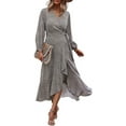 thumbnail image 1 of Vestido largo de manga larga para mujer con cuello en V y estampado floral con cinturón Adepaton WMPH-1446-3, 1 of 1